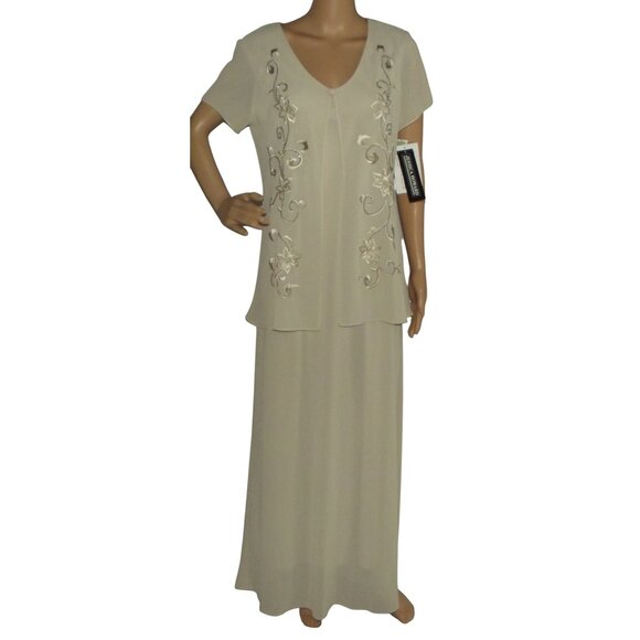Jessica Howard Maxi Dress Womens Size 14 Beige Formal Beaded Mother of the Bride - Picture 1 of 13